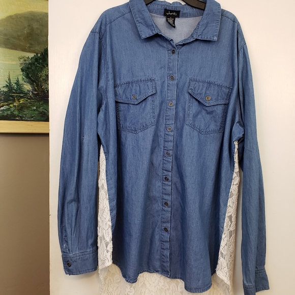 Justify denim with lace back button up shirt plus size - Picture 5 of 7